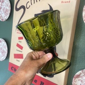 Vtg Avocado Green Indiana Glass Colony Harvest Grapes Pedestal Compote Set of 2